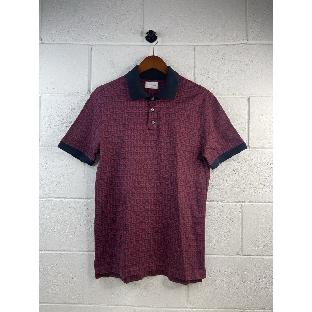 Salvatore Ferragamo Men's Red & Black Gancini Monogram Jacquard Polo Shirt M EUC